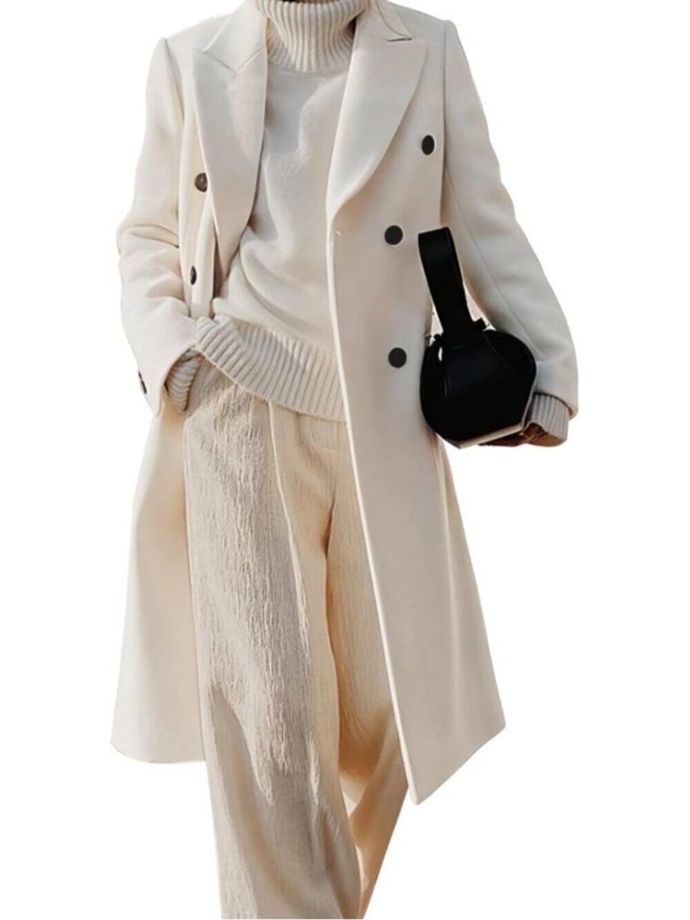 Women's White Wool Blend Long Warm Lapel Double Breasted Winter Trench Peacoat